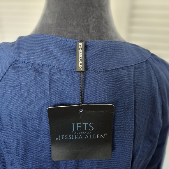 Jets Australia Blue Cotton Dress Beach Cover Up 3/4 Sleeves V Neck, Gold Rings - Picture 5 of 5